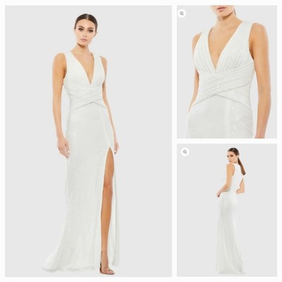 New MAC DUGGAL 26598 Women's (6) White Sequin Pleated Bodice & Wrap Waist Dress