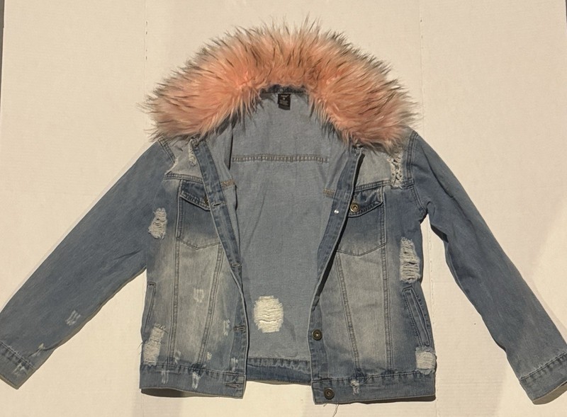 Gentle Used Youth Medium Pink Faux Fur Collar Denim Jacket by Redfox