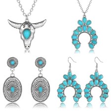Turquoise Jewelry Set for Women Bohemian Western Jewelry Set Adjustable 3 4PCS