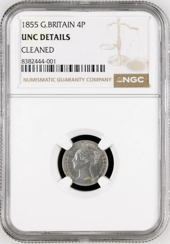 1855 Great Britain Silver Groat NGC UNC Details (Cleaned) Queen Victoria 4 Pence