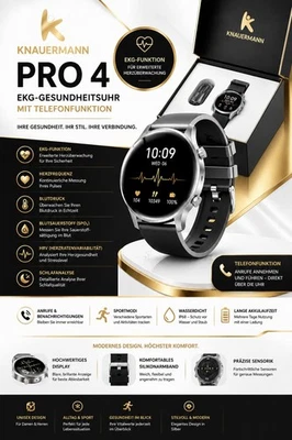 Knauermann PRO 4 EKG-Gesundheitsuhr mit Telefonfunktion – Smartwatch in Silber - Bild 1 von 2