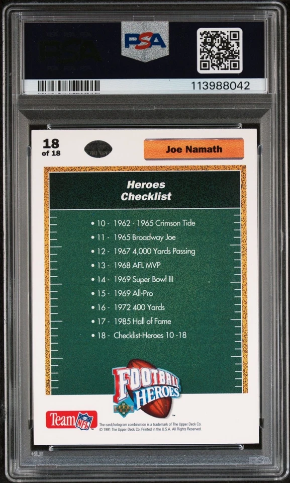 1991 UPPER DECK HEROES FOOTBALL CHECKLIST #18 JOE NAMATH PSA/DNA Authentic Auto - Image 2 of 2
