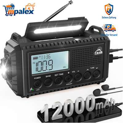 Kurbelradio Solar 12000mAh Powerbank Notfallradio mit Taschenlampe und Les
