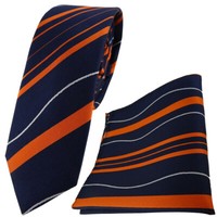 Schmale Tigertie Seidenkrawatte + Einstecktuch In Orange Royal Silber Gestreift