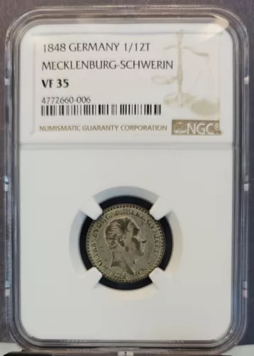 1848 GERMANY SILVER 1/12 THALER MECKLENBURG SCHWERIN NGC VF 35 TOP POP 1