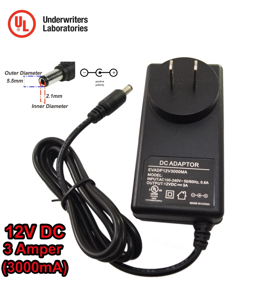2 Pcs 12V DC 3A 3000mA Power Supply Adapter Wall Charger for 12V Electronics - Image 3 of 4