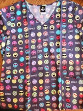 Smiley World Scrub Top Large  NWOT  Gray