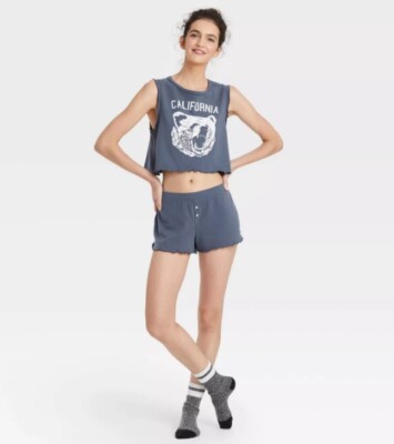 Colsie Women Lettuce Trim Elastic Waistband Pull-On Lounge Pajama Short Navy XS