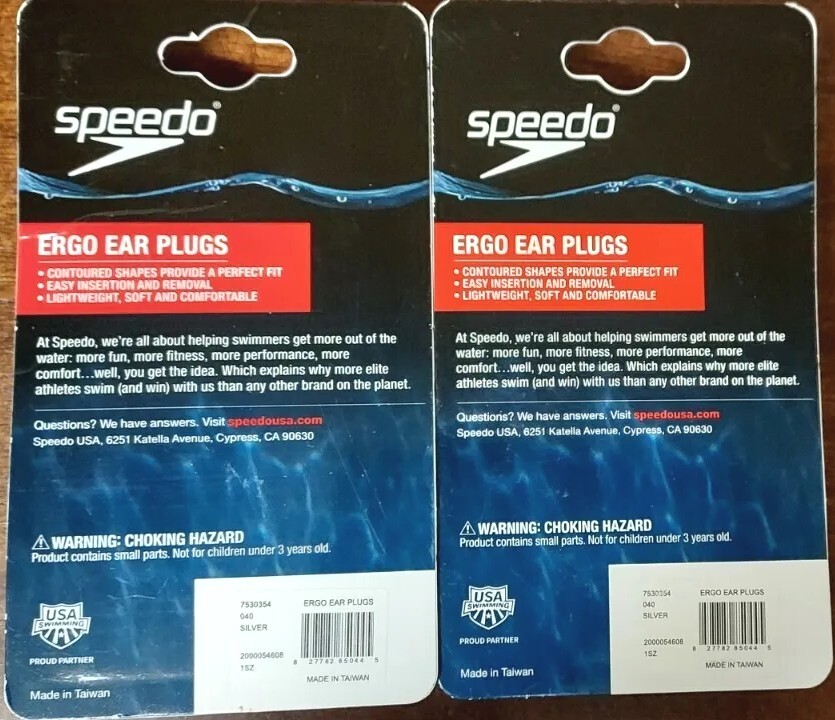 2 Speedo UnisexAdult Swim Training Ergo Ear Plugs Silver Durable Long