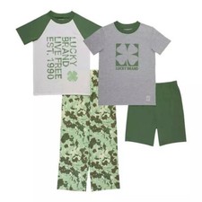 Boy's Youth Lucky Brand 4-Piece Pajama Set Shorts Pants Tee's - Green - Small