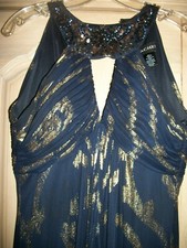 SALE on Cache Blue and Gold Formal Beaded Neck Gown Maxi Dress Sleeveless Size 4