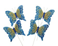 12PC 4" Royal Blu Gold Glitter Feather Butterfly Craft DIY Wedding Cake Topper