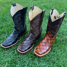 Men's Genuine Cowhide Leather Piraruco Fish Print Square Toe Handcrafted Boots