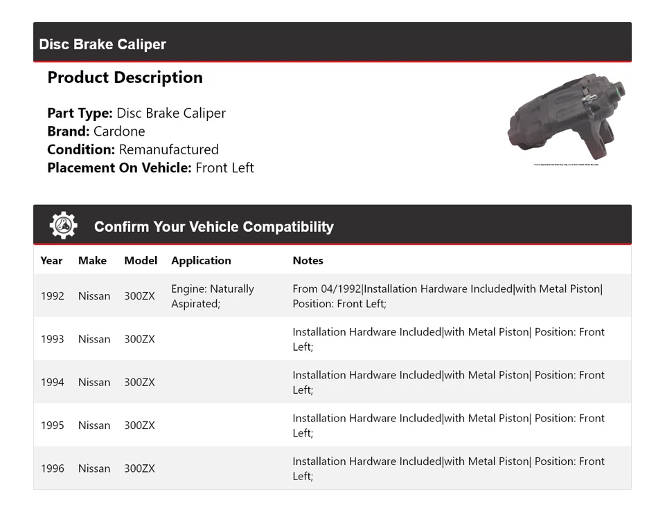 Pinza de freno de disco delantera izquierda cardone 1993 1994 1995 para Nissan 300ZX 1992-1996 Foto 2 de 4