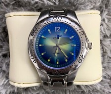 JF Quartz Watch Men Silver Tone Date Blue Yellow Multi Color Face - New Battery