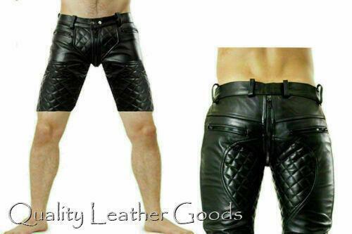 MENS REAL COW LEATHER BLACK CARGO SHORTS with DOUBLE ZIP Carpenter