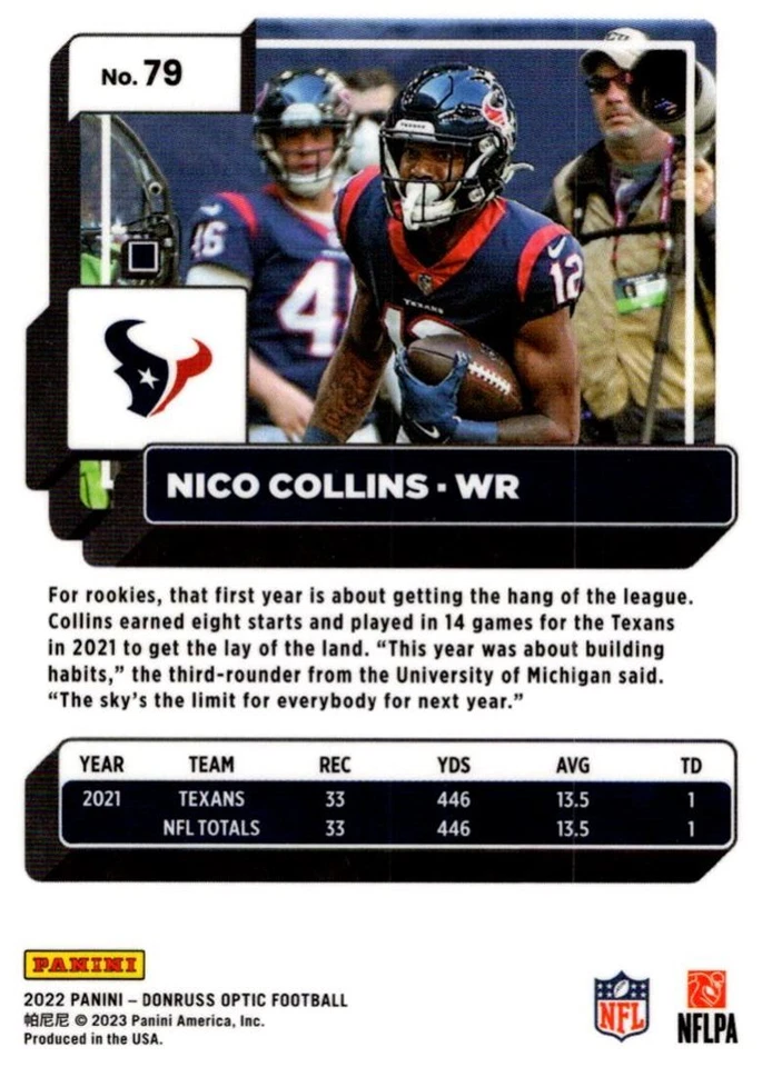 2022 Donruss Optic Nico Collins Houston Texans #79 - Image 2 of 2
