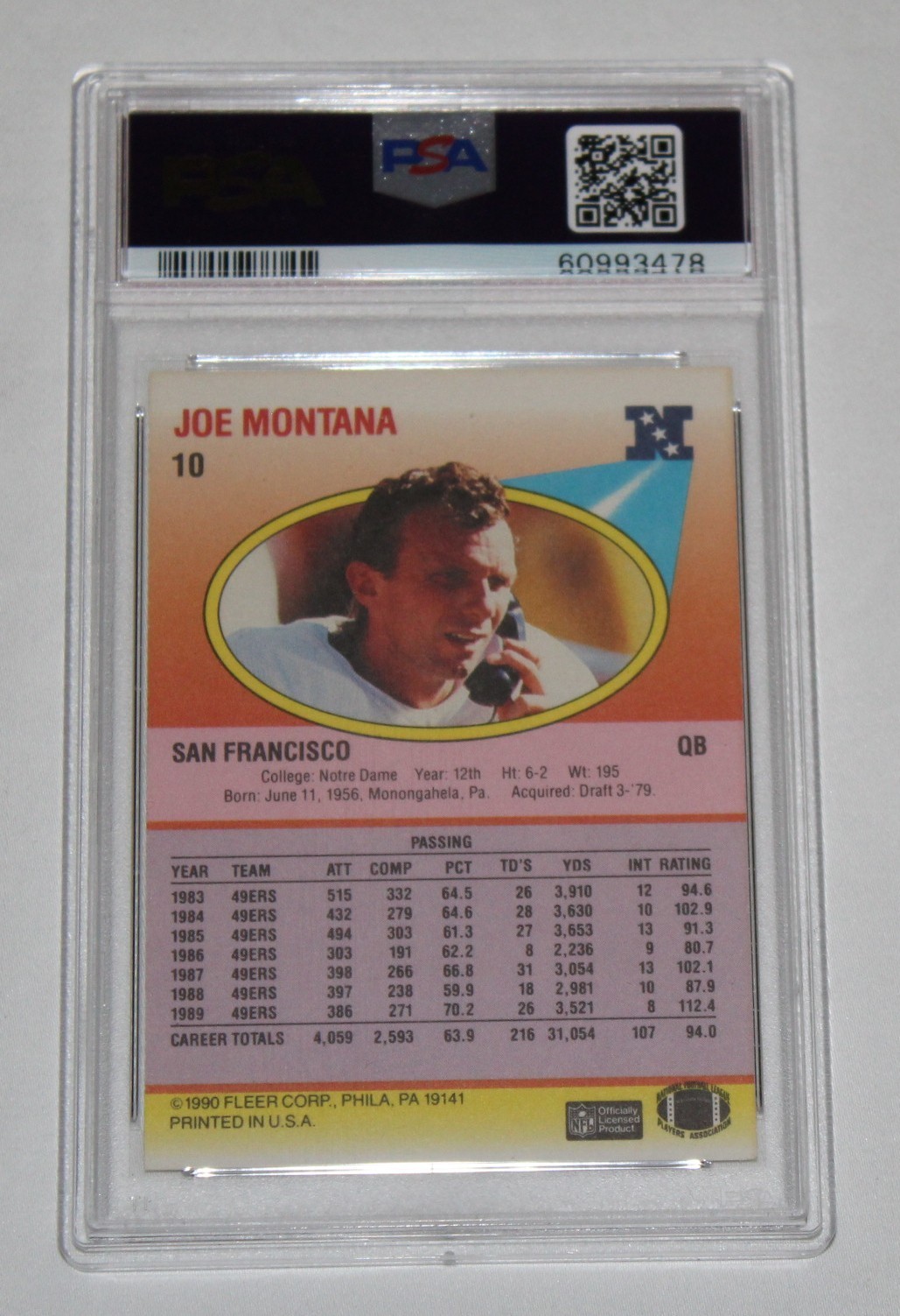 1990 Fleer Football Card #10 Joe Montana CORRECT 216 TD's Graded PSA 8 NM-MT view 2