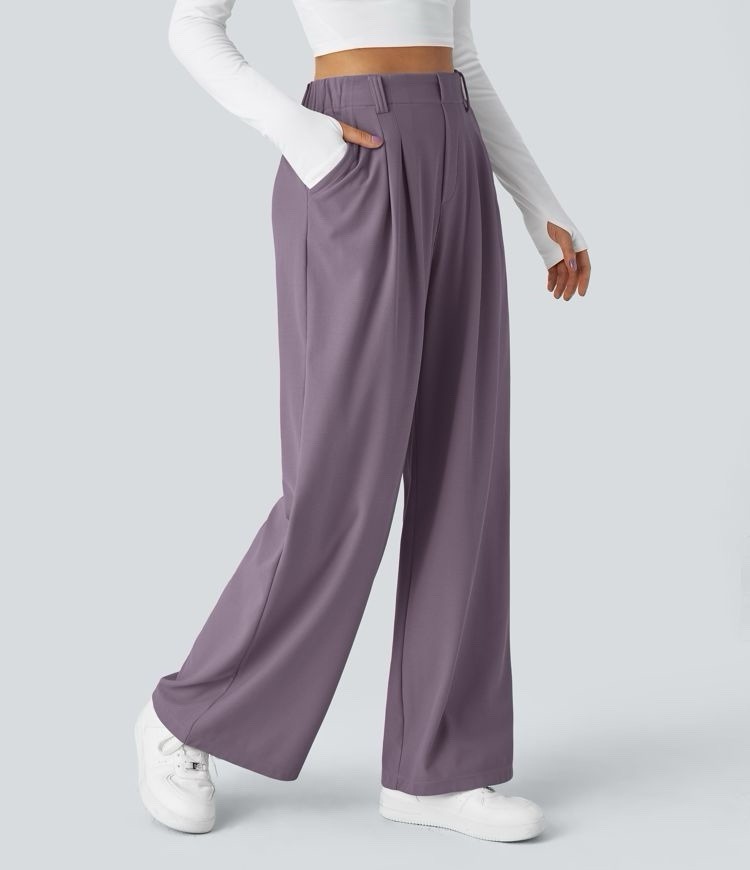 Halara Flex High Waisted Pocket Wide Leg Waffle Work Pant Size L Reg Purple NWOT