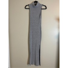 Maxi Dress Womens Small Gray Ribbed Sleeveless Bodycon Mockneck Side Split Sexy