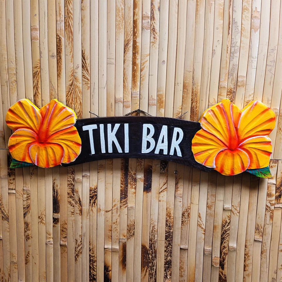 Letrero tropical de barra Tiki de 20" L amarillo decoración de pared de hibisco para cabaña Tiki Foto 3 de 4