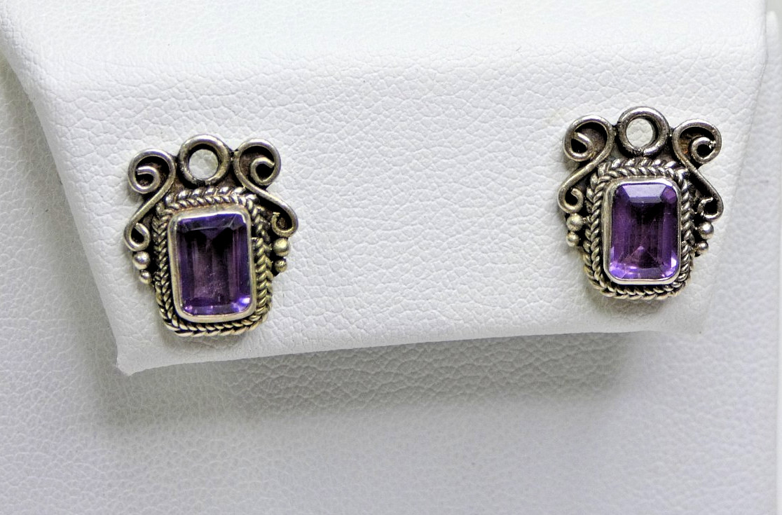 Rectangular Amethyst Sterling Silver Stud Earring… - image 1