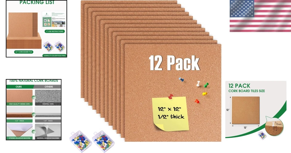 Durable 12x12 Inch Cork Board Tiles - 12 Pack with Push Pins for DIY Display - Image 2 of 4