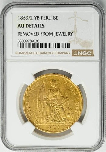 1863/2 YB Peru Gold 8 Escudos .7614 AGW AU Details NGC 950610-27