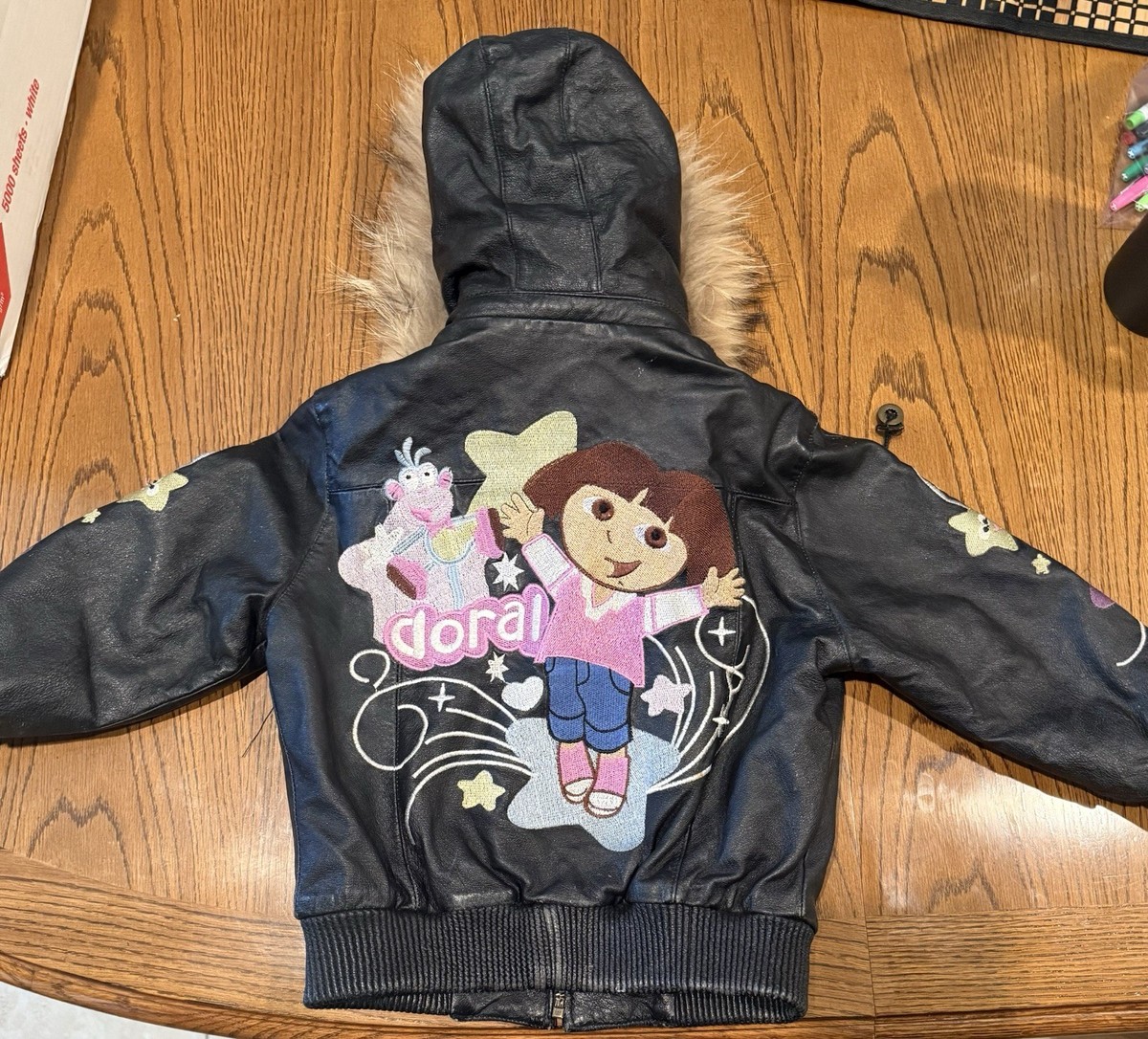 VTG DORA THE EXPLORER KIDS EMBROIDERED BLACK LEATHER JACKET