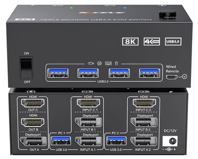 HDMI Displayport KVM Switch 3 Monitors 2 Computers 8K@60Hz/4K@144Hz, USB3.0 K...