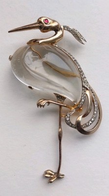 Anstecknadel TRIFARI Jelly Belly Heron Lucite Alfred Philippe 1943 Vintage Bookpiece