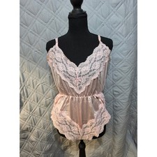 Vintage Pink Satin Lace Teddy Bodysuit V-Neck Bow Intimates Lingerie Women
