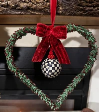MacKenzie Childs Heart Wreath With Courtly Check Ornament 8” Red Bow