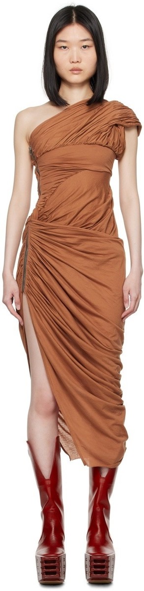 rick owens brown dress Women's Lida Draped One-Shoulder Gown - Henna AW25DR1846 Womens Friends Like These Color:Ivory/Black Stripe Model measurements