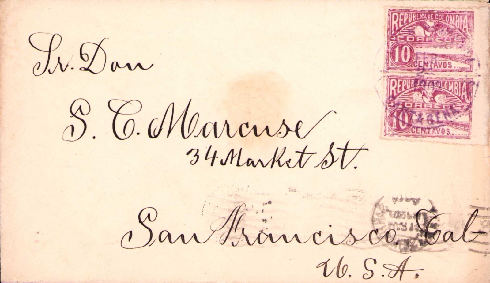 COLOMBIA - USA - 1000 DAYS WAR - 20c COVER - CARTAGENA to SAN FRANCISCO - 1903