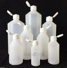 Natural HDPE Plastic Bottles & WHITE Smooth FLIP TOP Lids Caps 50ml - 1 Litre (L