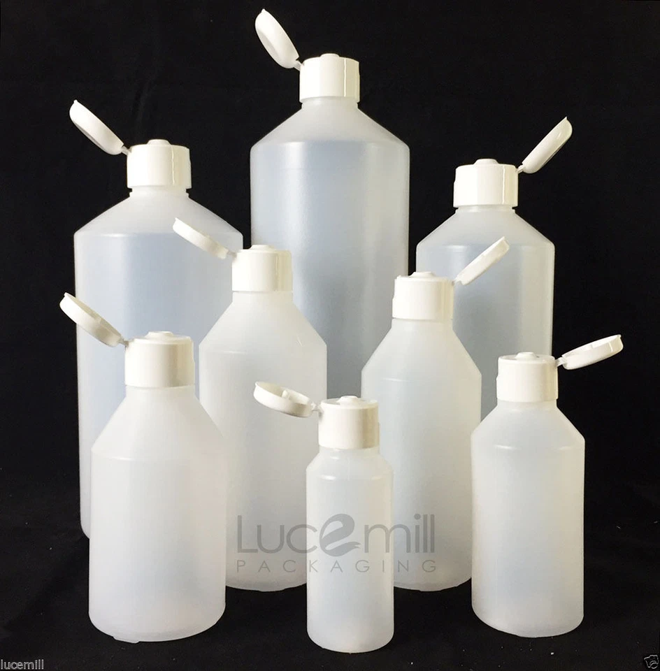 EXPRESS CHEMS Natural HDPE Plastic Bottles & WHITE Smooth FLIP TOP Lids Caps 50ml - 1 Litre (L