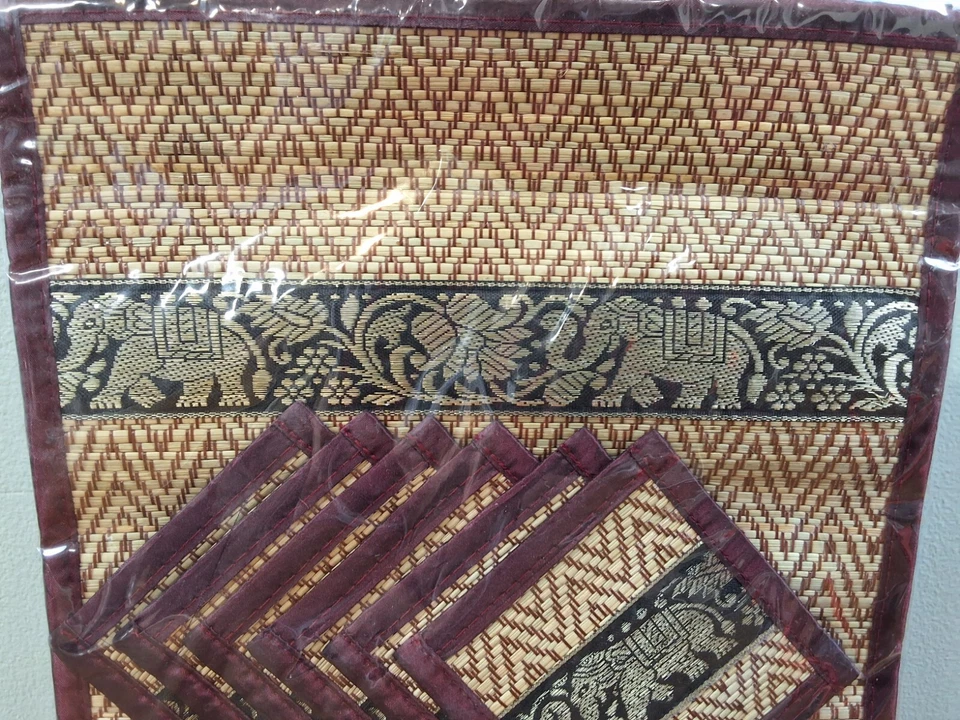 Thai Elephant Silk Reed Handmade Placemat and Coaster Set of 6 NEW - Image 4 of 4