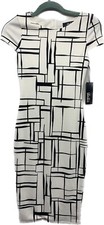 Lulus White Black Geo Print Body Con Midi Dress Short Sleeve Back Zip XS NEW