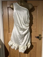 PRETTY LITTLE THING SIZE 8 CREAM SATIN ONE SHOULDER FRILL HEM BODYCON DRESS