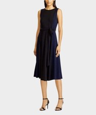 LAUREN BY RALPH LAUREN Black and Navy Color Block Waist-Tie Midi Dress Sz 6 S1
