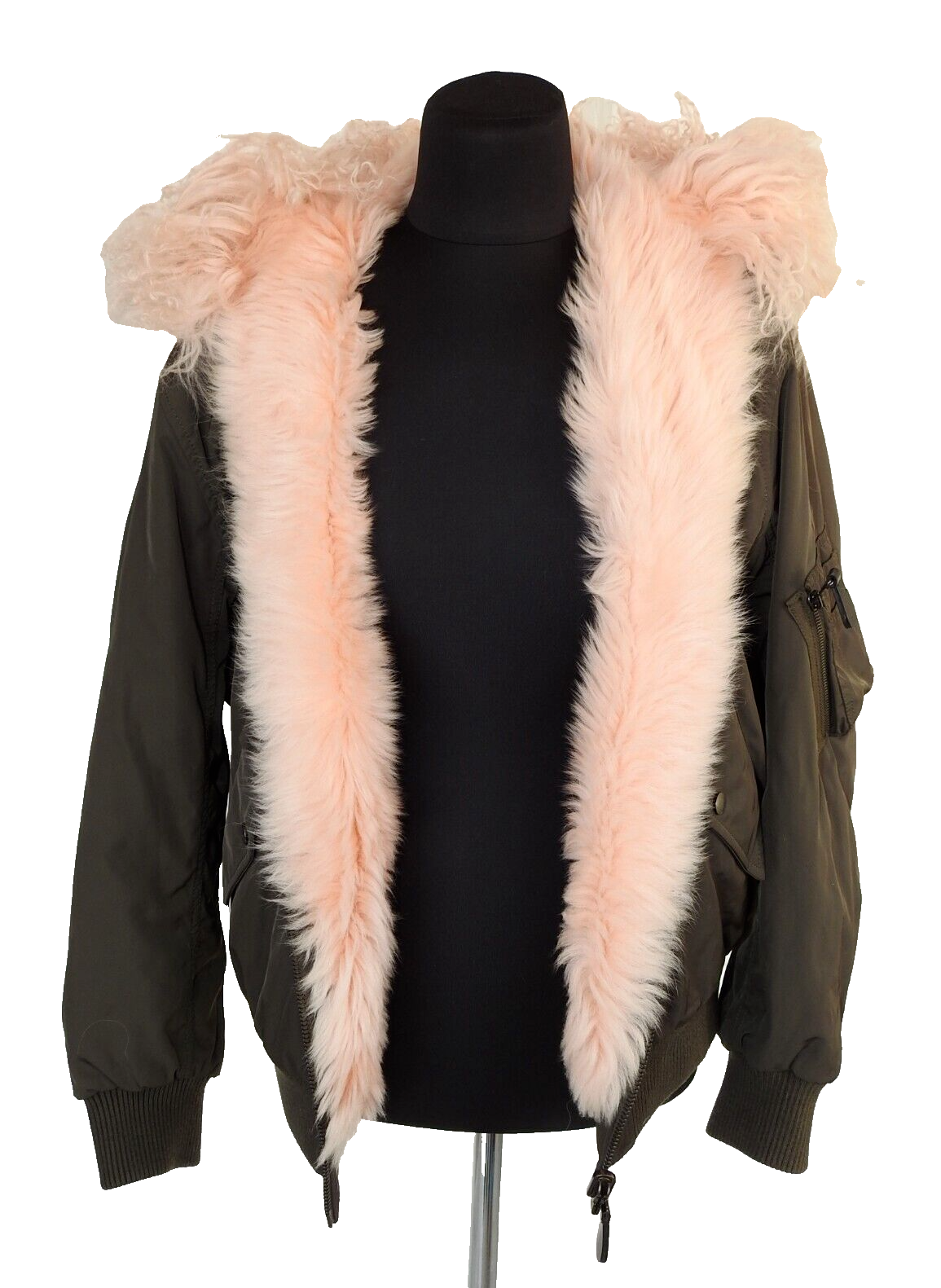 YVES SALOMON Army Green Agnello Pelliccia CAPPUCCIO Reversibile Bomber Parka GIACCA 36 S NUOVO