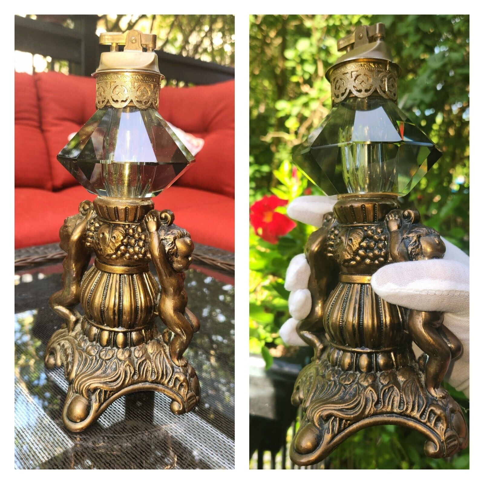 Vintage Antique Lighter Nouveau Bronze Crystal Table Lighter Cherubs~RARE! 9.75. Available Now for 108.03