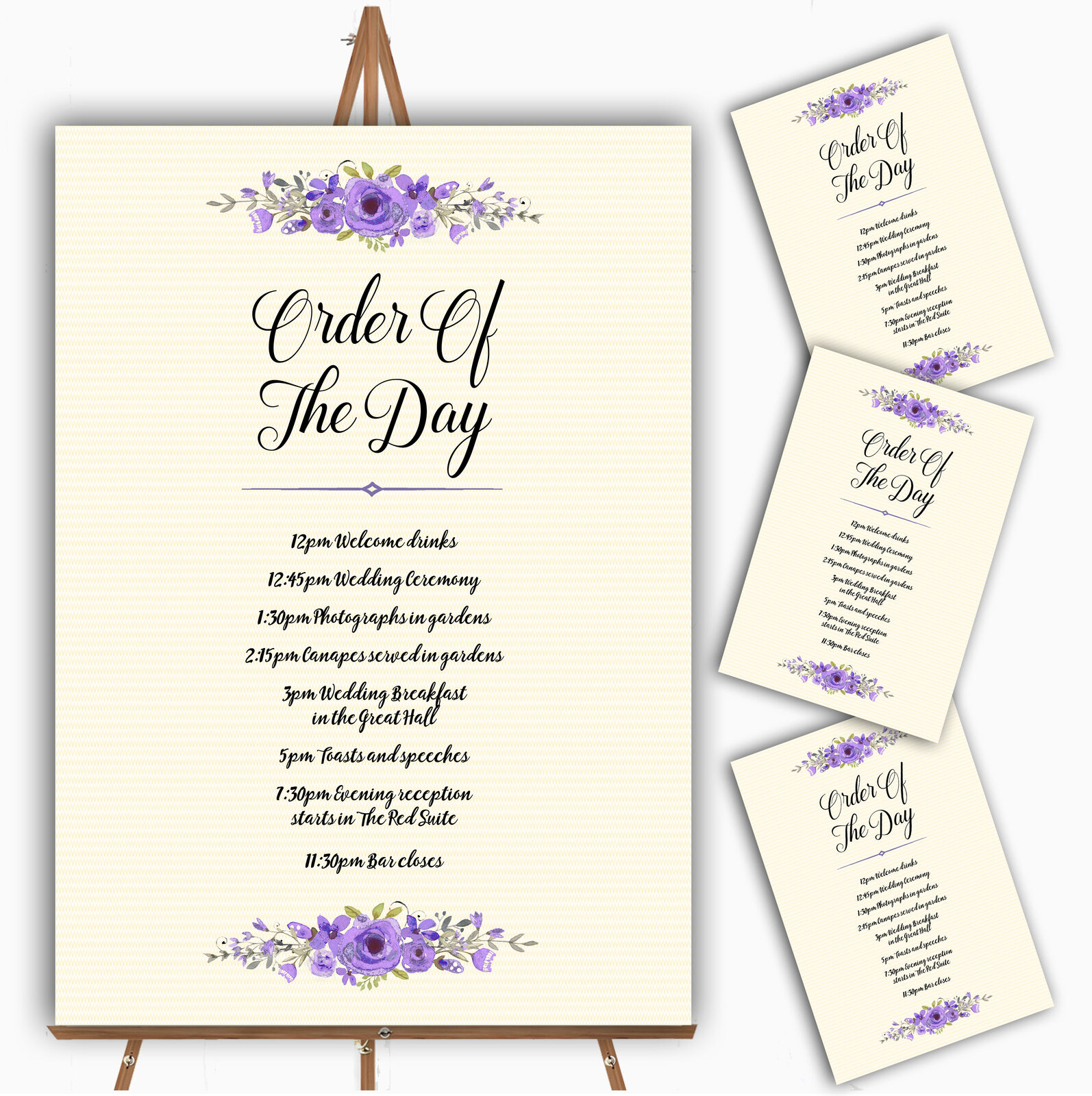 Watercolour Purple Floral Rustic Personalised Wedding Order Of The Day Cards Klasyczna popularność, wybuchowe kupowanie