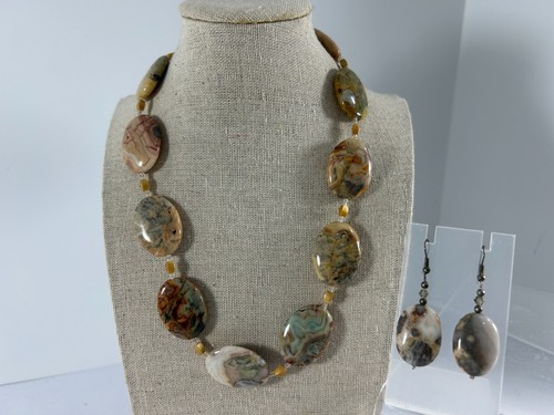 Conjunto de pendientes colgantes de collar de piedras preciosas ovaladas pulidas con cuentas tonos tierra 19" - Imagen 3 de 11