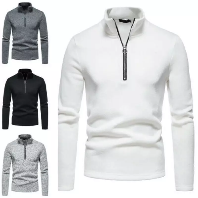 Men Solid Color Long Sleeve Turtleneck Zipper Jumper Shirt Slim Sweatshirt Tops