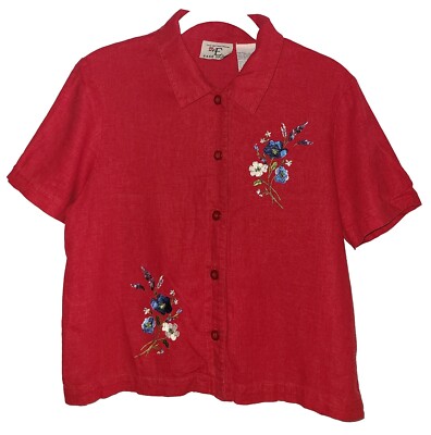 Casual Sportswear Collection Ease Sport Red Button Down Floral Embroidered Shirt