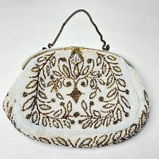 Vintage Hand Made In France Beaded Evening Bag WHITE  GOLD Floral Clutch Ornate
