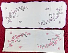 2 Vintage Linen Dresser Scarf/Table Runners w/Floral Liquid Embroidery Paint