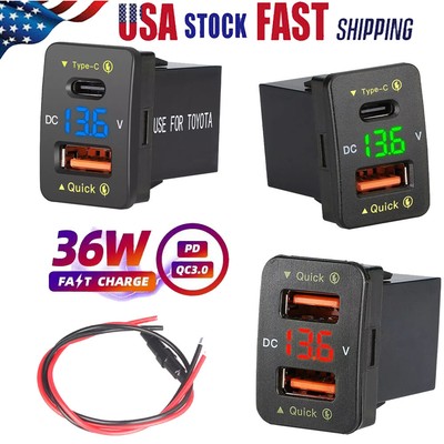 36W Car USB C Charger QC3.0 Type C PD Fast Charging Adapter Voltmeter For Toyota